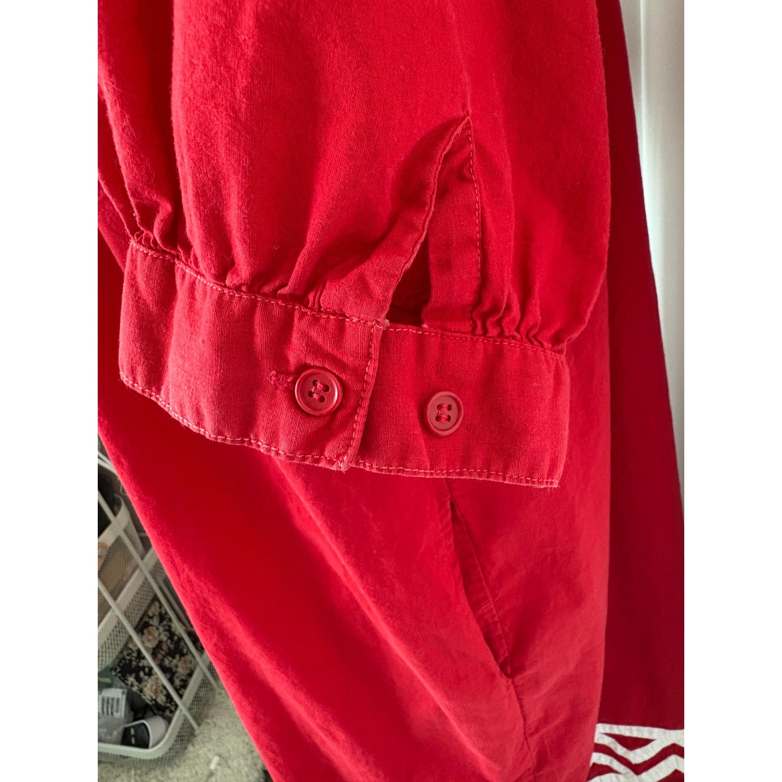 VTG 80s Cotton Midi Dress Sz L Geometric Applique Red White Puff Sleeve Peasant