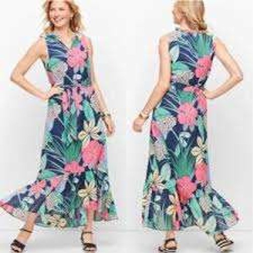 Talbots Womens 10 Tropical Floral Sleeveless Midi Dress Navy Pink Ruffle Cotton