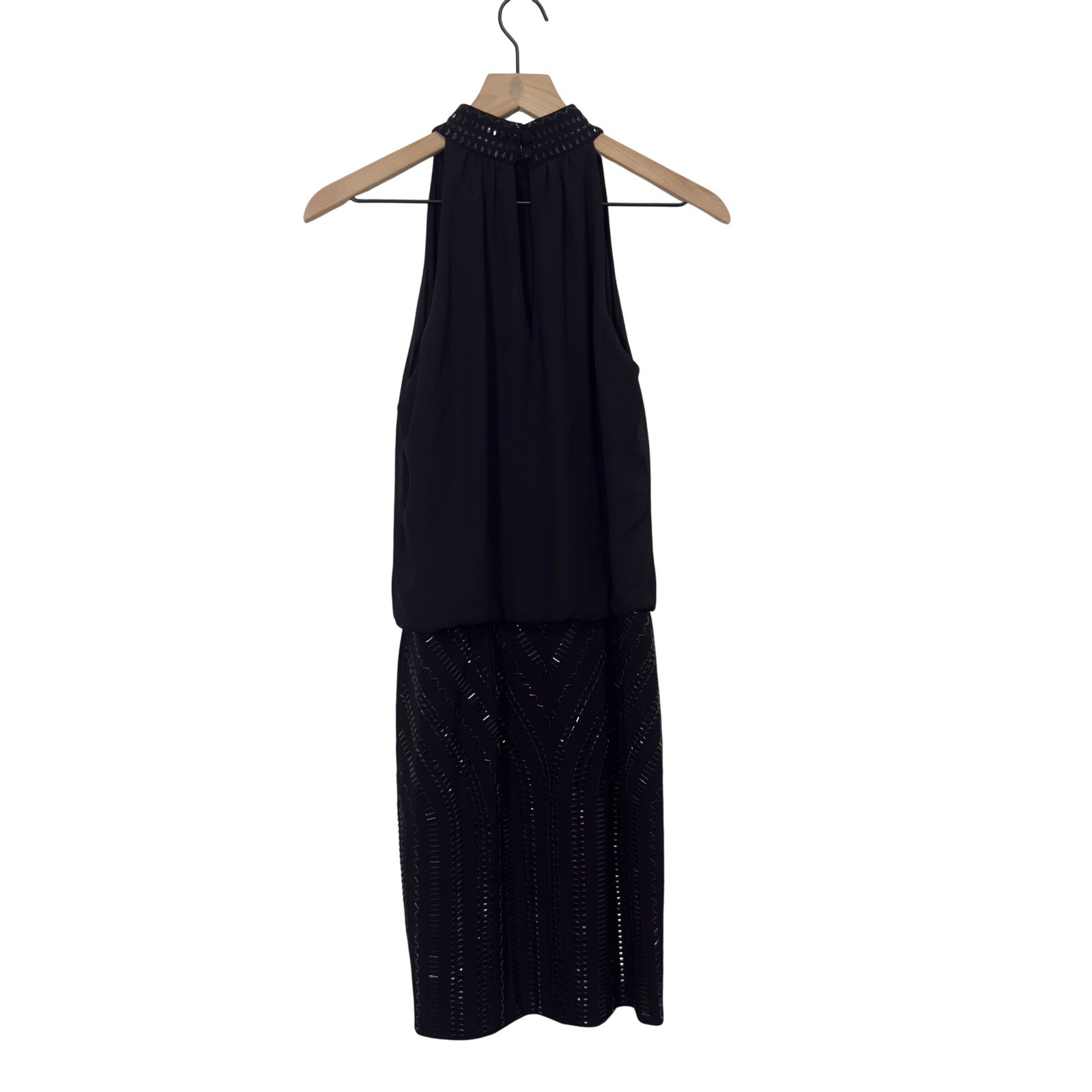 Vintage Cache Black Beaded Halter Blouson Cocktail Dress Size 0 Geometric Mini