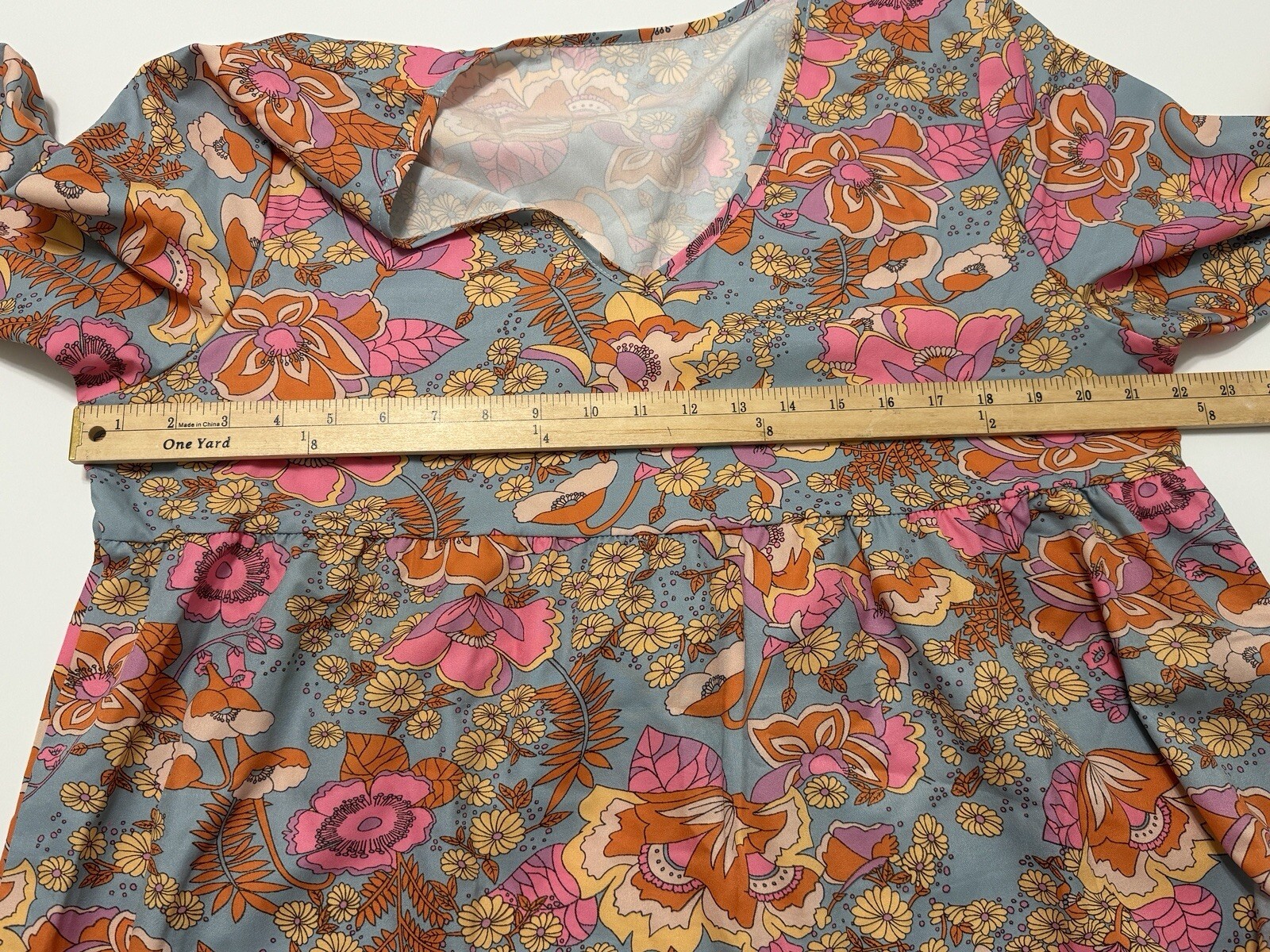 60s style dress womens XXL blue with pink flowers V-neck polyester (T1650D)