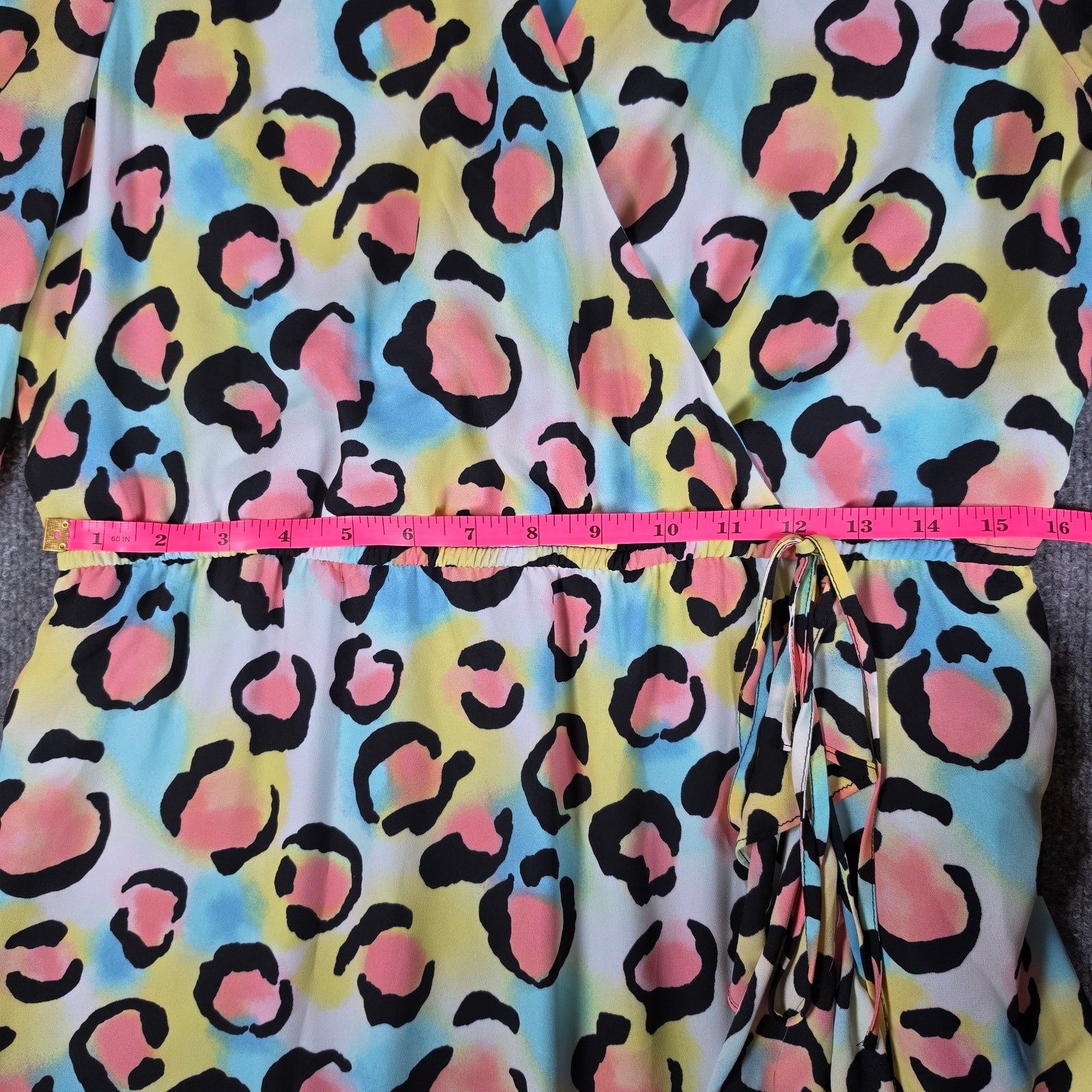 New York & Company Pastel Leopard Dress Medium Faux Wrap High-Low Ruffle Multi M