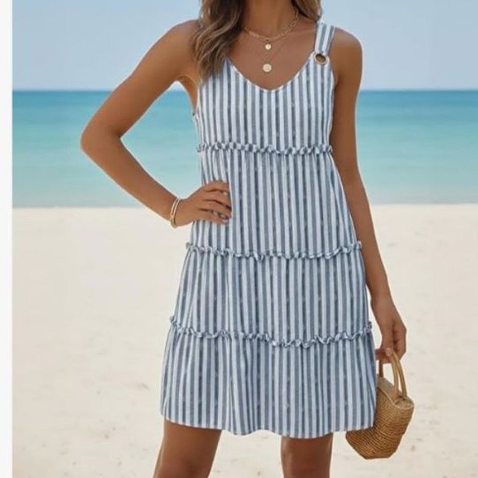 ETCYY Women’s Boho Striped Sundress Beach Cover Up Tank Dress Size Large NWT
