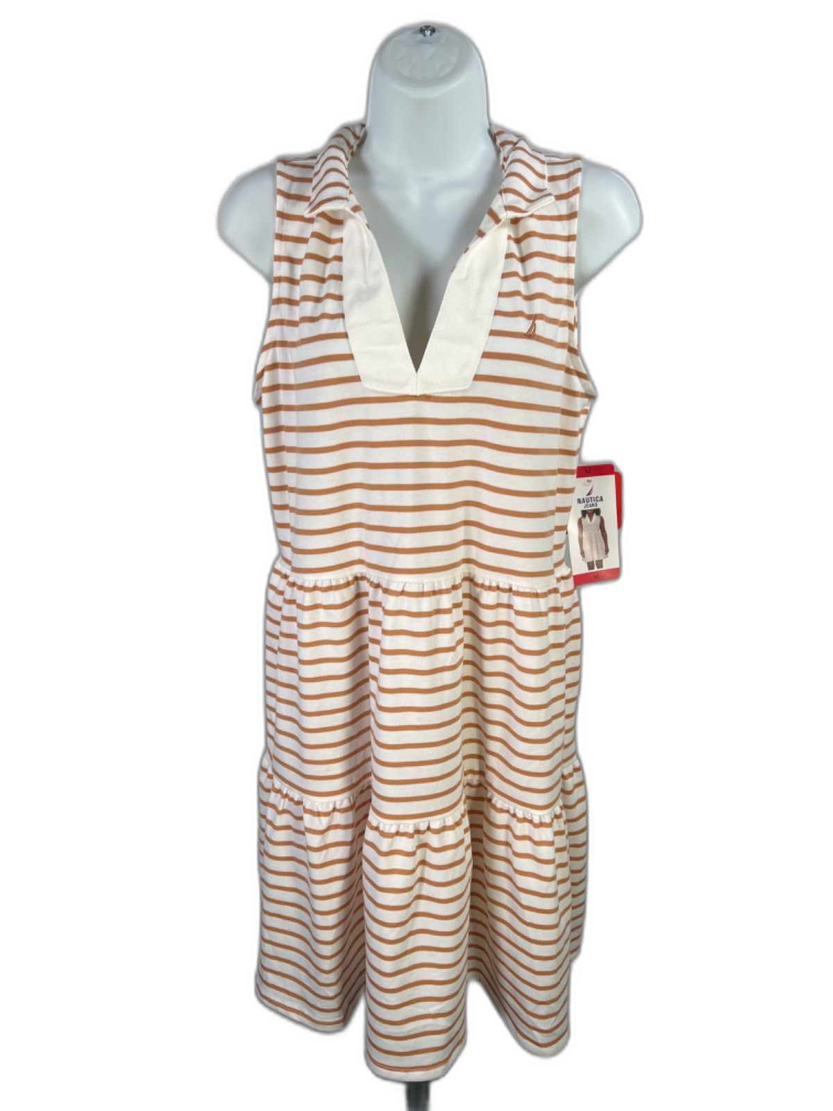 Nautica Jeans Women’s White/Orange Striped Collared Sleeveless Mini Dress – M