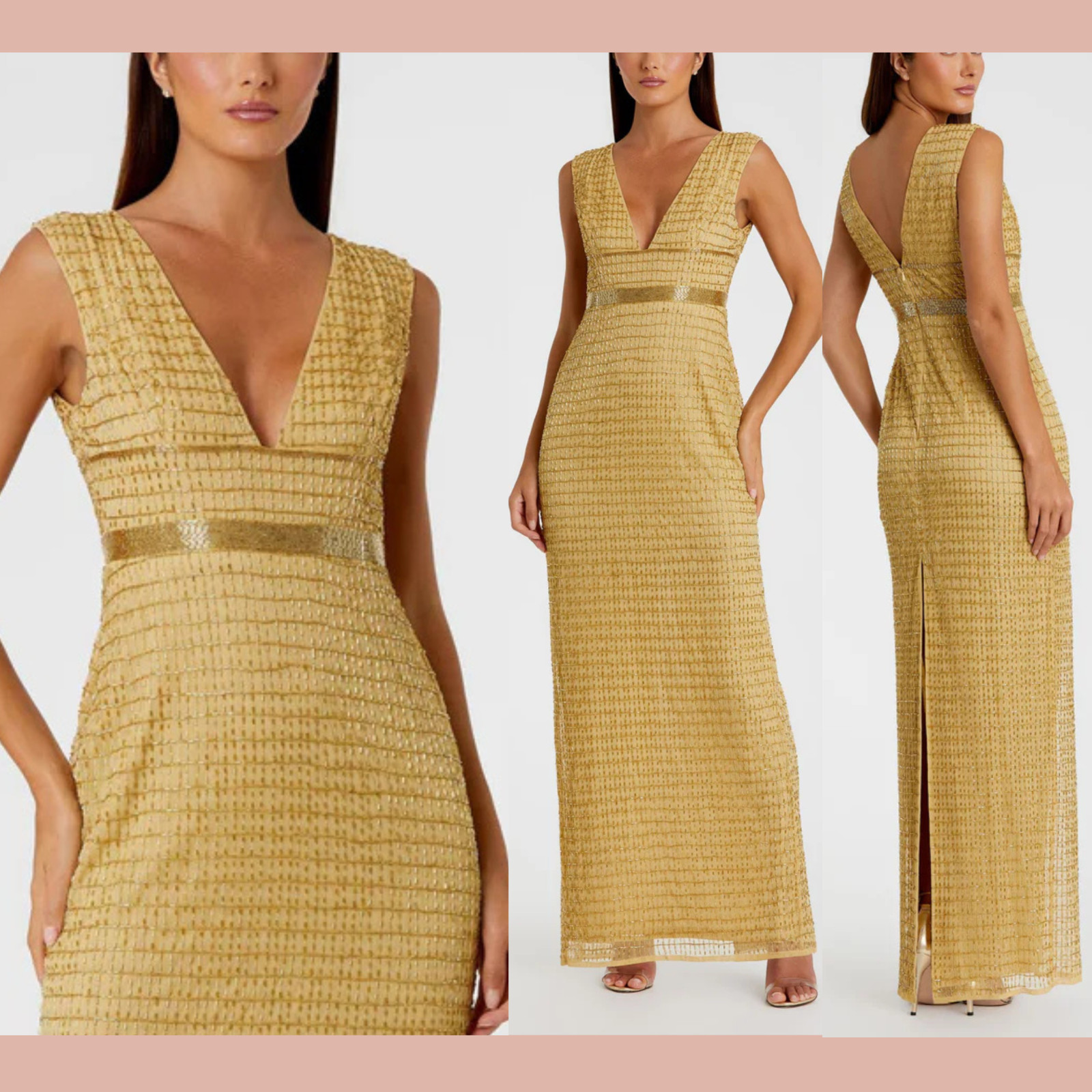 NWT $598 Mac Duggal [ 2 ] 5625 Beaded Cap Sleeve V Neck Column Gown Gold #J265