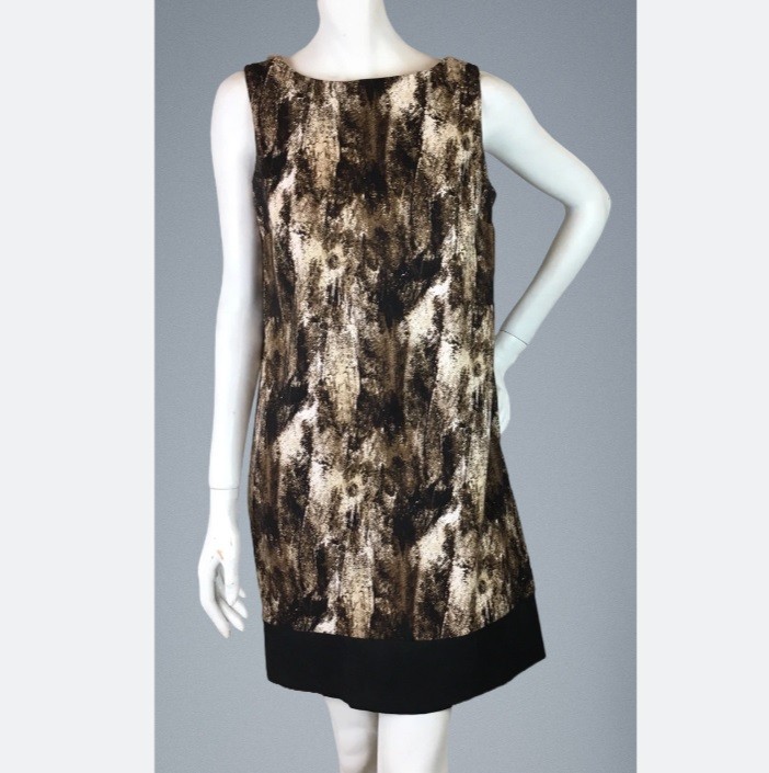 AB Studio Sheath Dress 12 Womens Browns Sleeveless Black Border Hem Rear Zipper