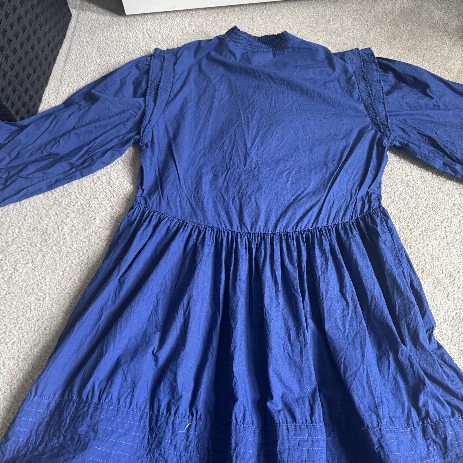 Farm Rio Royal Blue Open Yoke Pintuck Cotton Poplin Mini Dress Boho Cottagecore