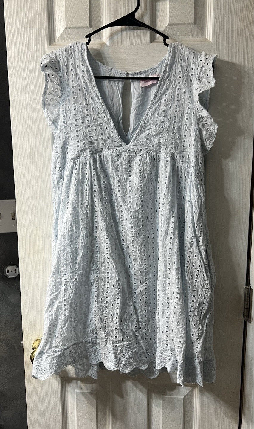 Pink Lily Light Blue Eyelet Ruffle V-Neck Cotton Skort Dress , Women’s Size L