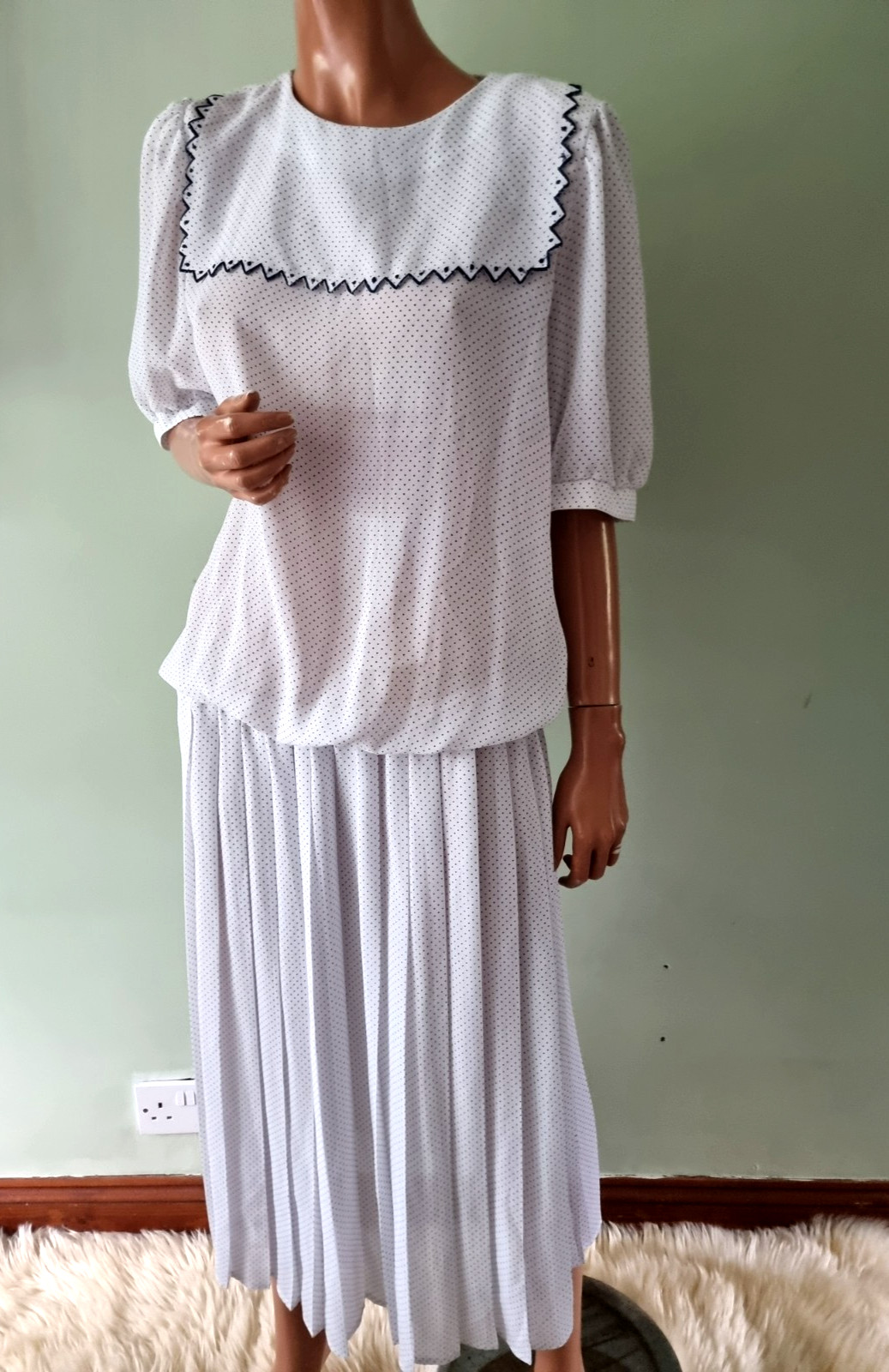 Vintage 80s Berketex Spotty Drop Waist Pleated Dress 1920s Downton Style 12