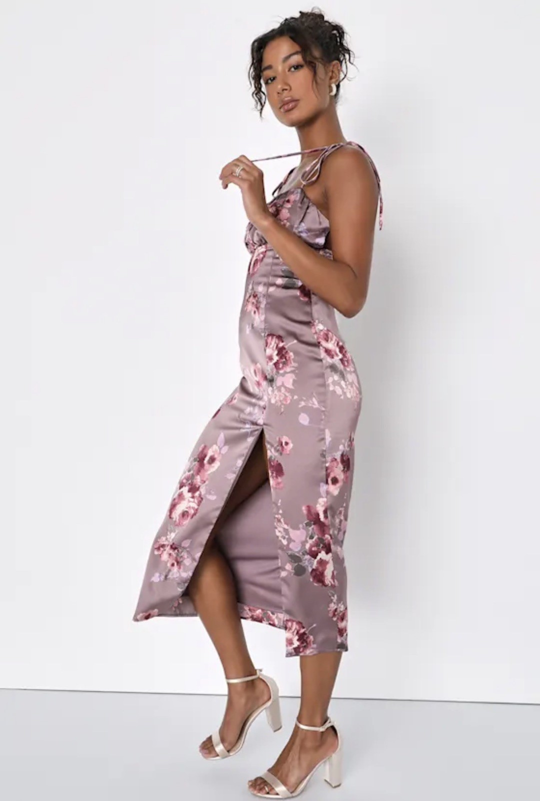 Lulus Mauve Pink Floral Satin Midi Dress – Size L – A+ Condition – Sexy Summer