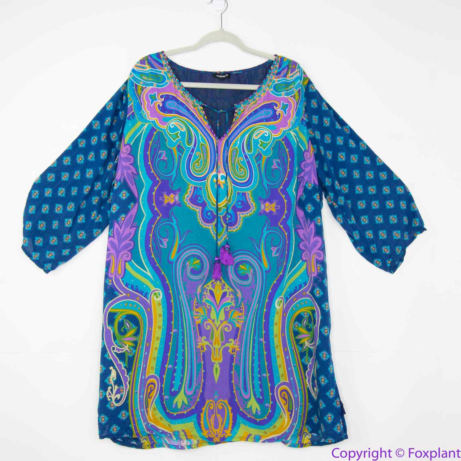 Tolani blue Electric Paisley Shift Dress with tassle half-sleeve, 1X