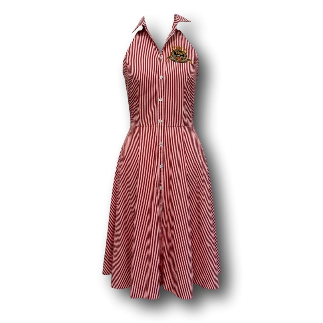 Vintage Ralph Lauren Halter Shirt Dress Red White Stripe Crest XS S