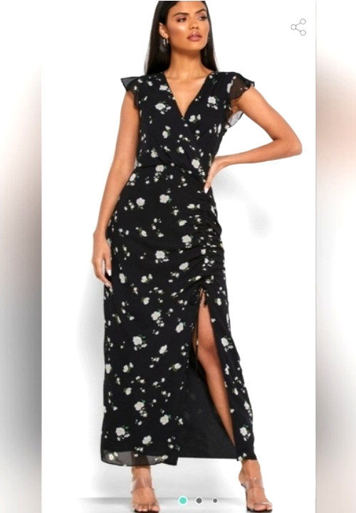 Banana Republic Print Ruched Maxi Dress Black Floral Flutter Sleeve Romantic 2