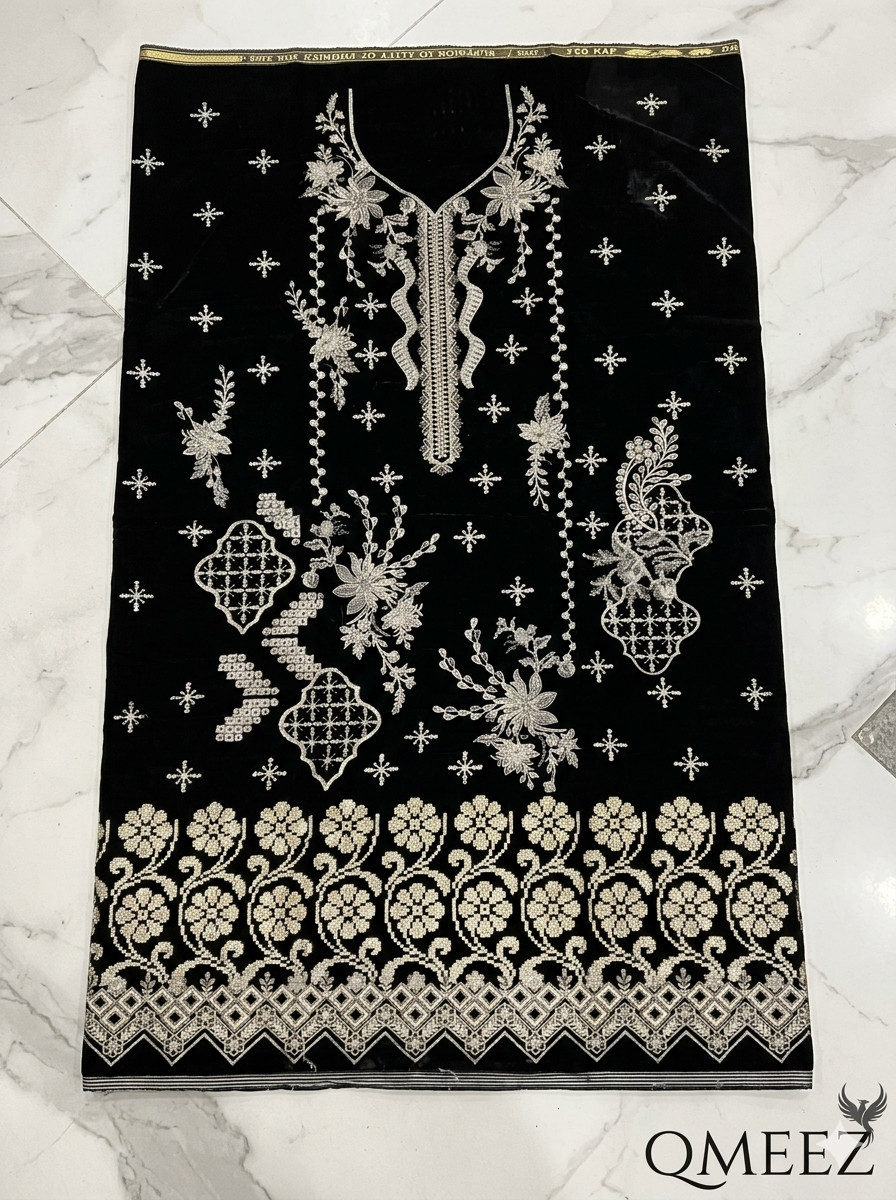 Unstitched Micro Velvet 3Pc Embroidered Suit Daman Sleeves Dupatta Border QMEEZ