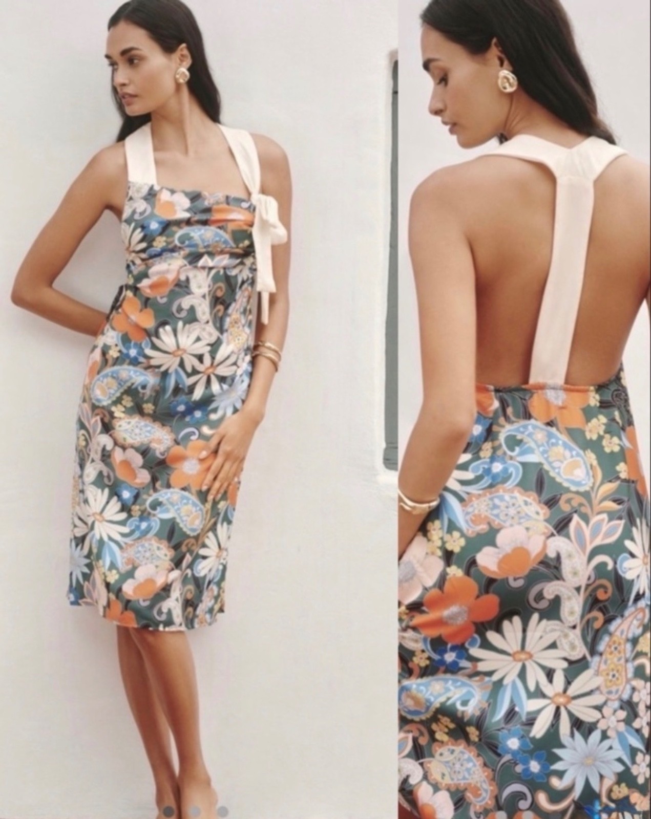 Anthropologie Celandine Green Motif Floral Bow Strap Midi Dress NWT L