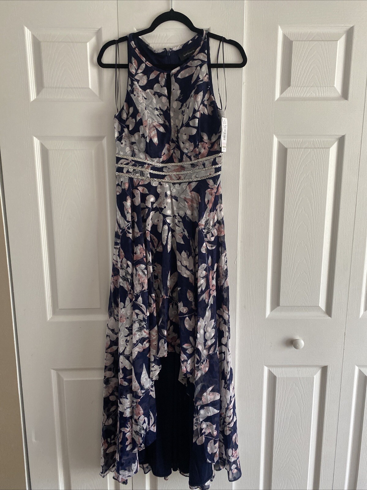 R&M Richards High-Low Floral Gown Womens Size 6 Navy Silver Rhinestone Dress NEW