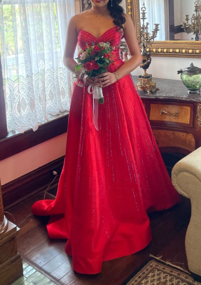 Sherri Hill 55115 – Strapless mikado ball gown with hot fix and high slit skirt
