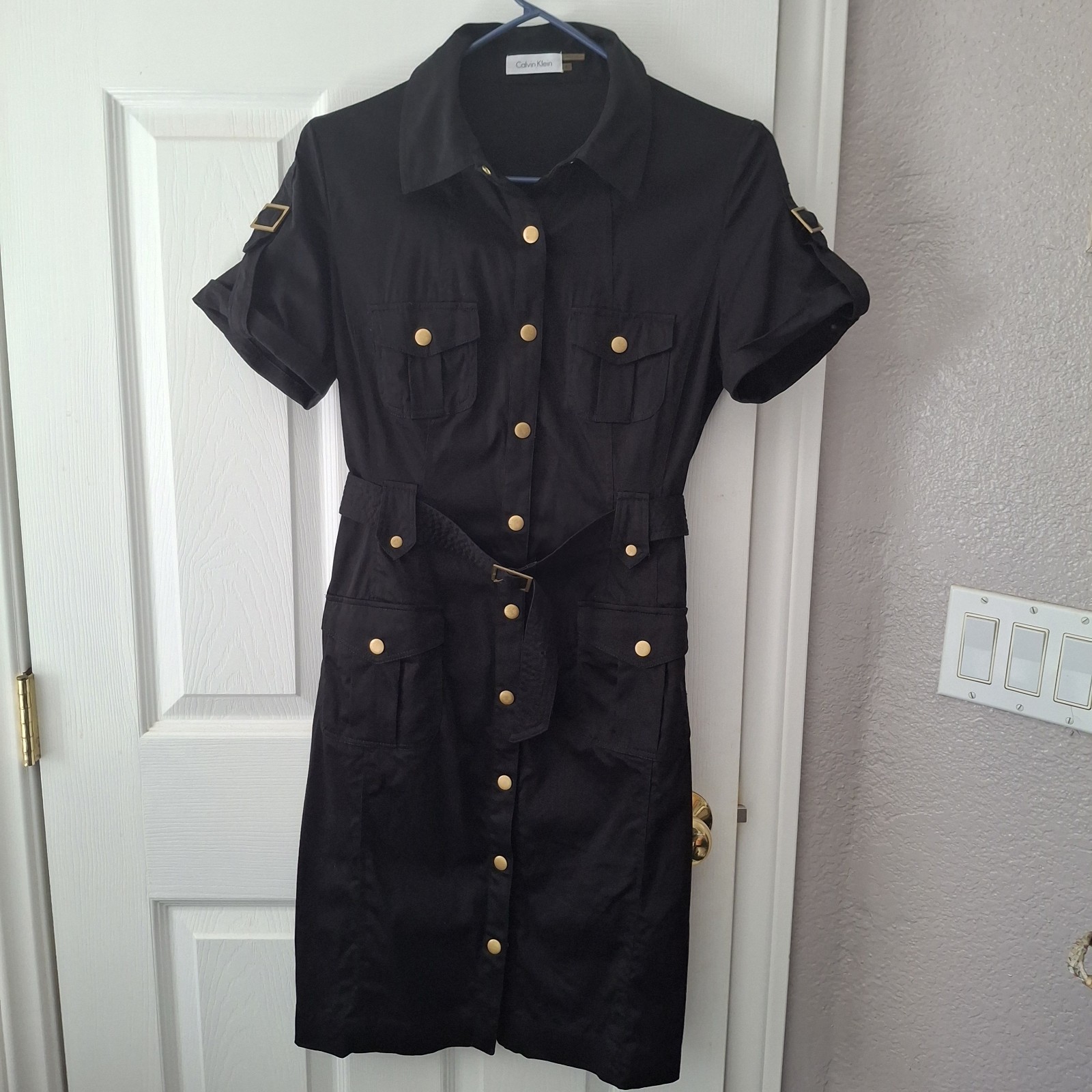 Calvin Klein Black Safari Shirt Utility Dress Belted Pockets Snap Front Womens 8