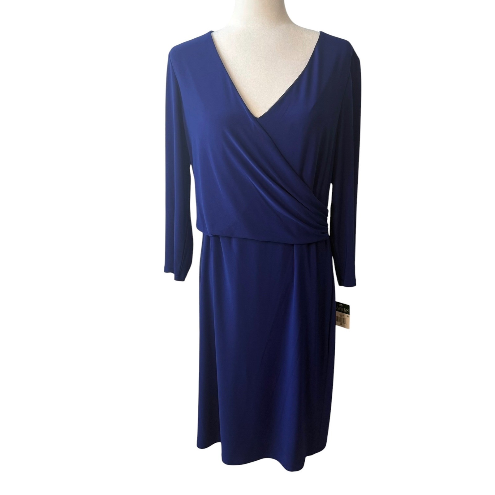 Lauren Ralph Lauren Blue Faux Wrap Dress Jersey Sheath Size 16 NWT