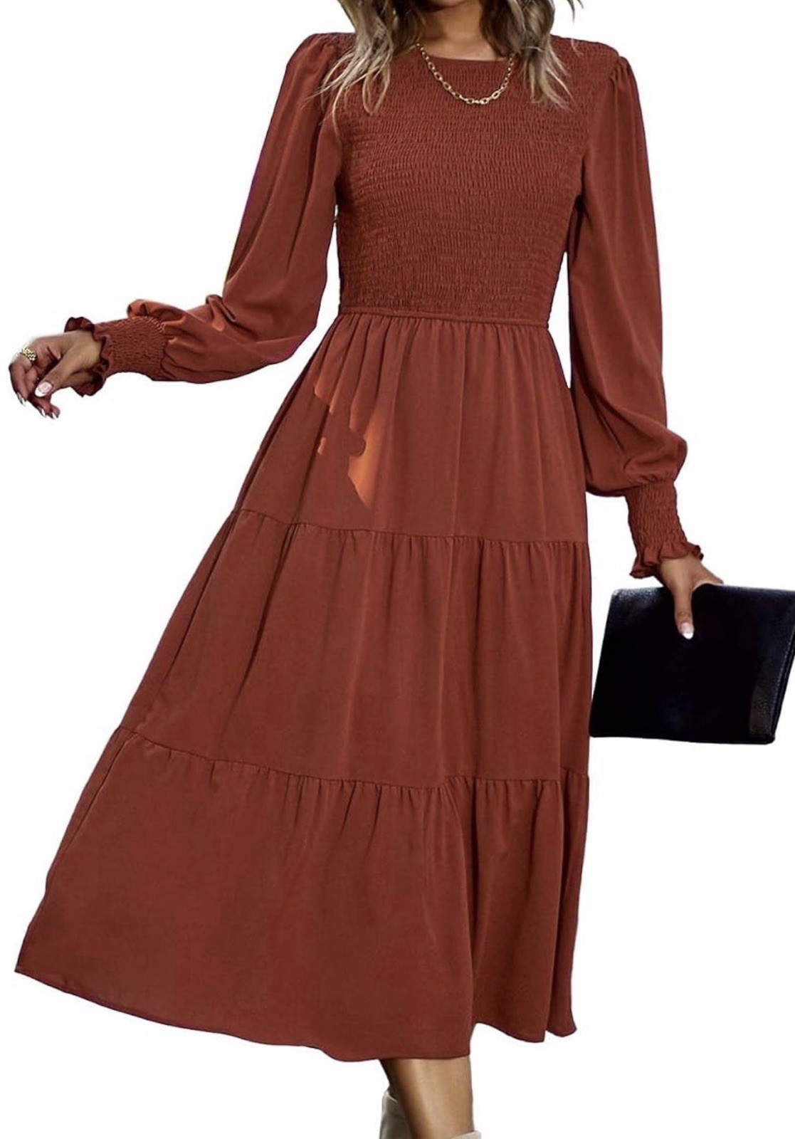 ZESICA Brown Square Neck Puff Long Sleeve Smocked Tiered A-Line Midi Dress S