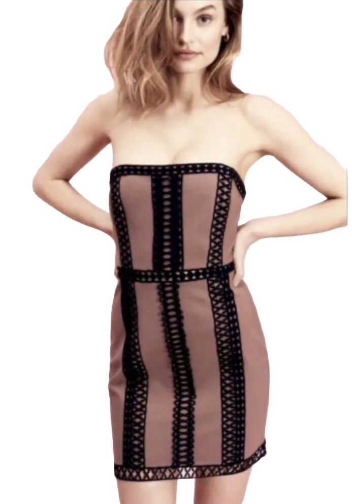 Free People 2 Dress City Lights black crochet Lace strapless mini Short Tight