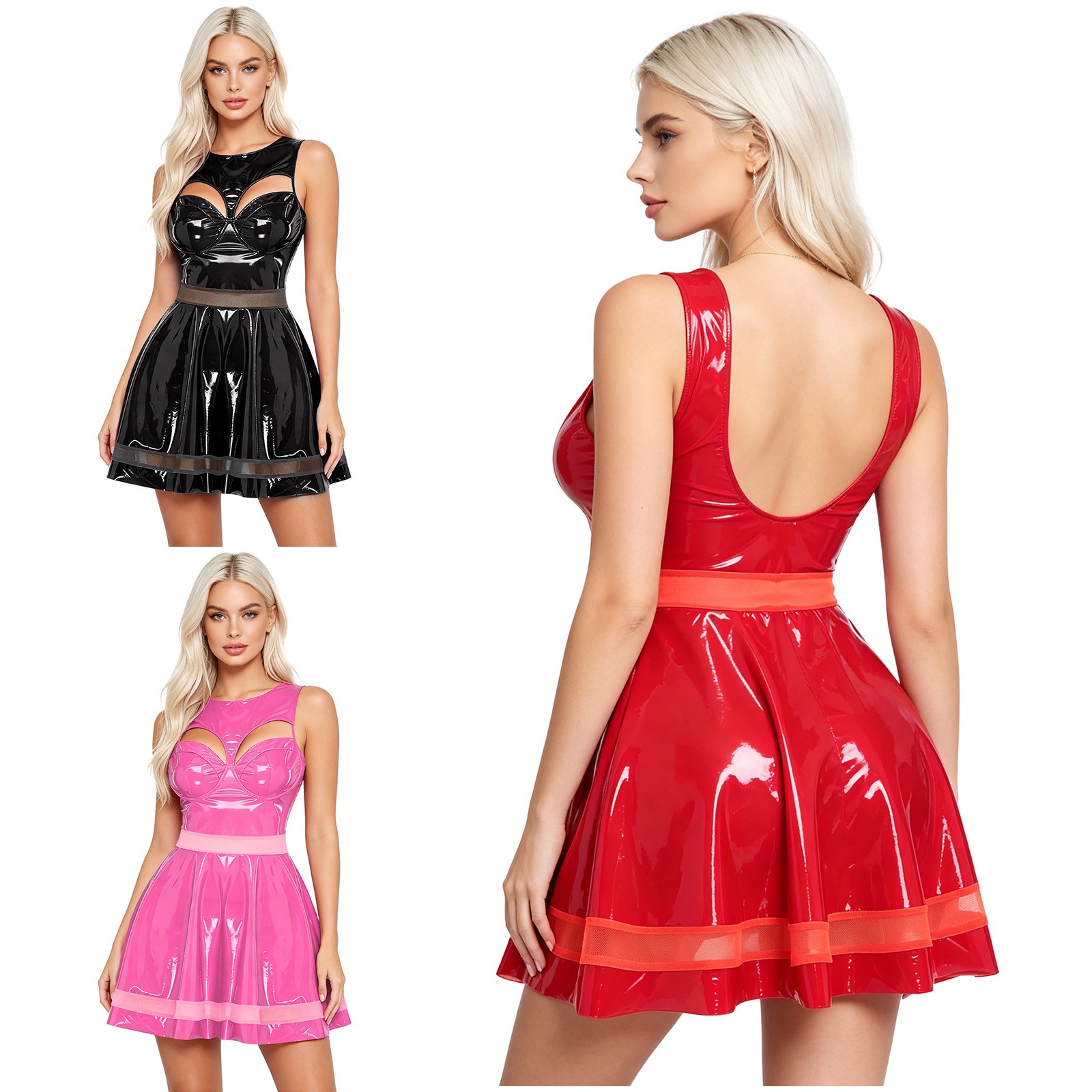 US Women Babydoll Chemise Mini Dress Pvc Wet Look Leather Clubwear A-line Dress