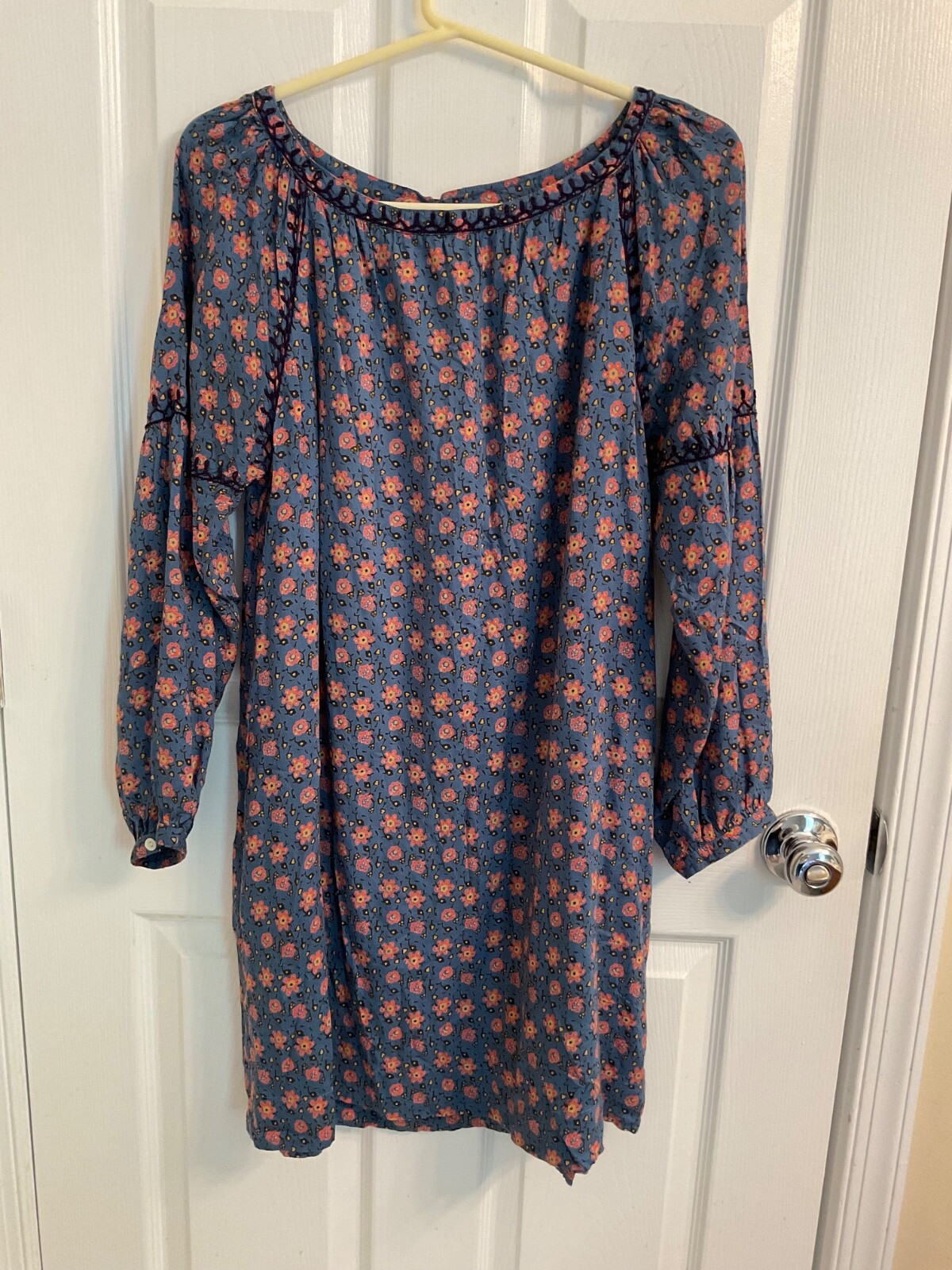 Roller Rabbit Dress Sz S Blue Floral Relaxed Peasant Cottage Boho Pockets Shift