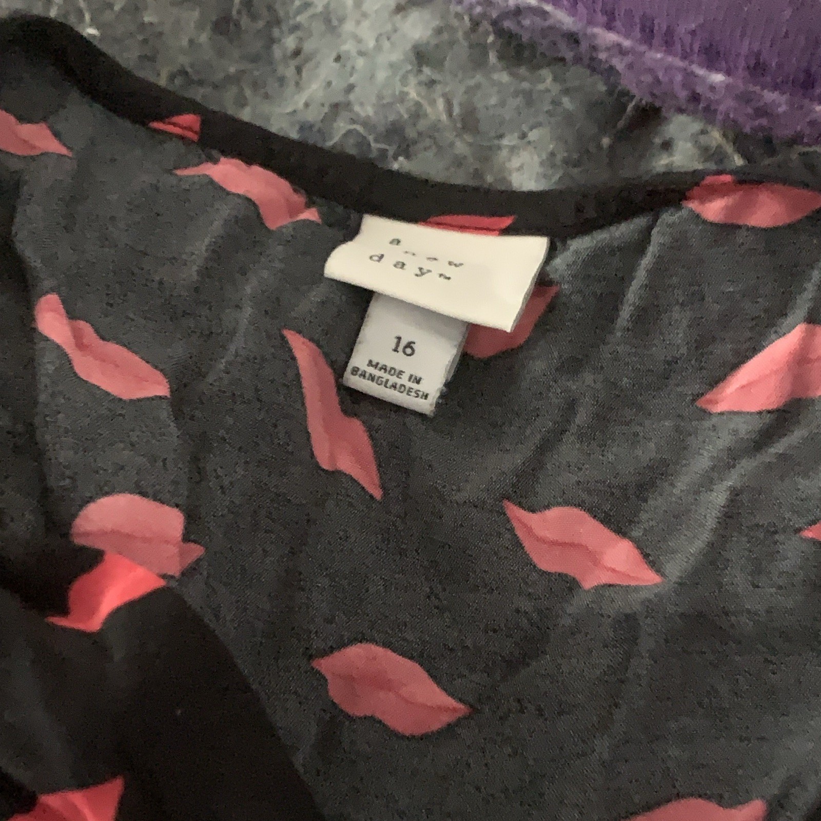 a.n.a day Women’s Black/Red Lips Print Sundress Short Sleeve Long Cotton 16
