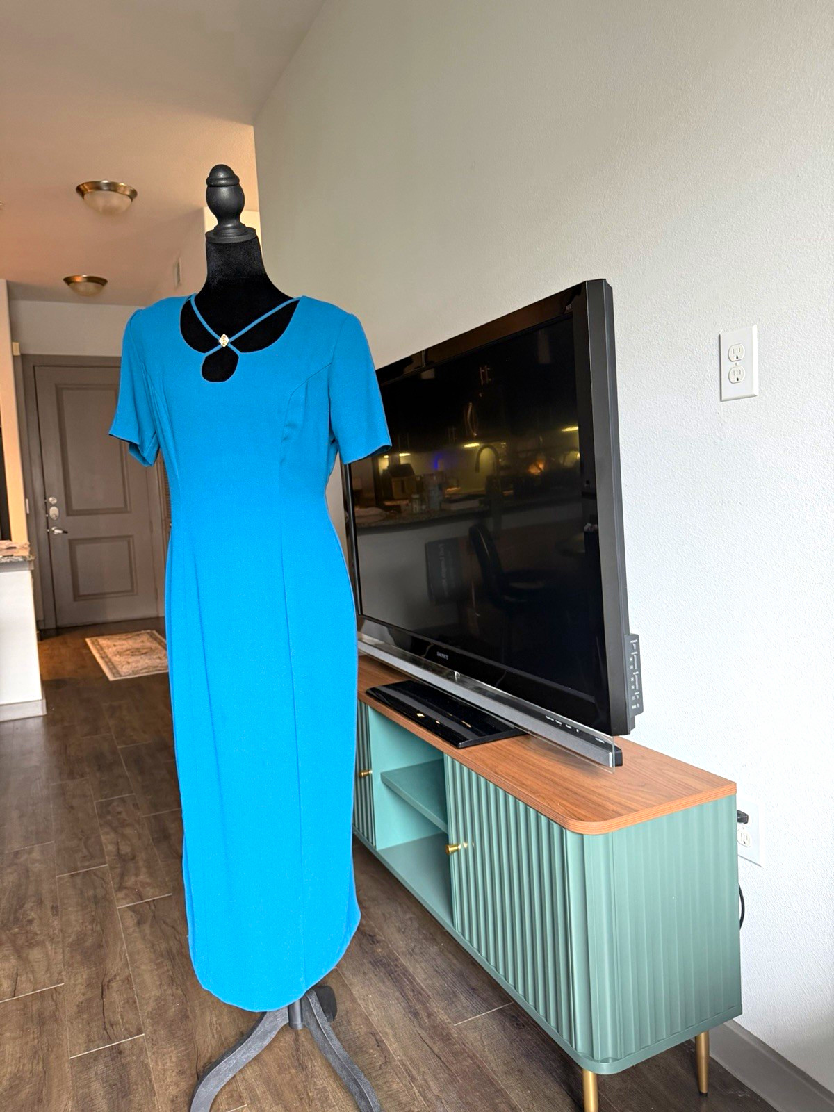 CDC Blue Solid Sheath Maxi Dress 8 Short Sleeve Round Neck Zip Polyester PF3819