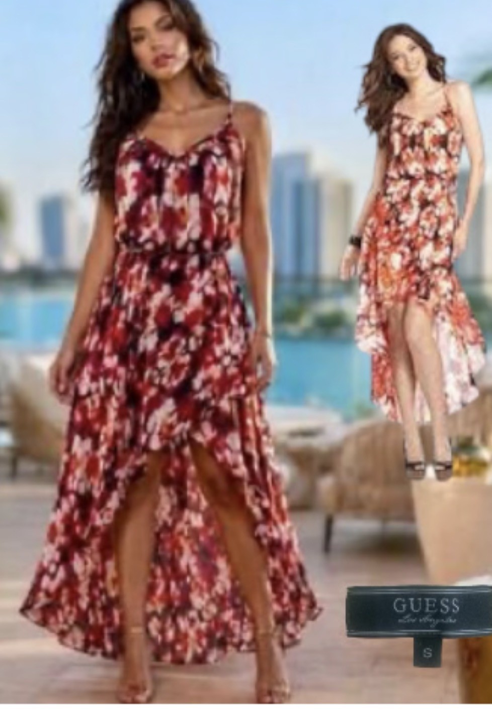 Guess S Orange Red Floral High Low Dress Ruffle V Neck Boho Tropical