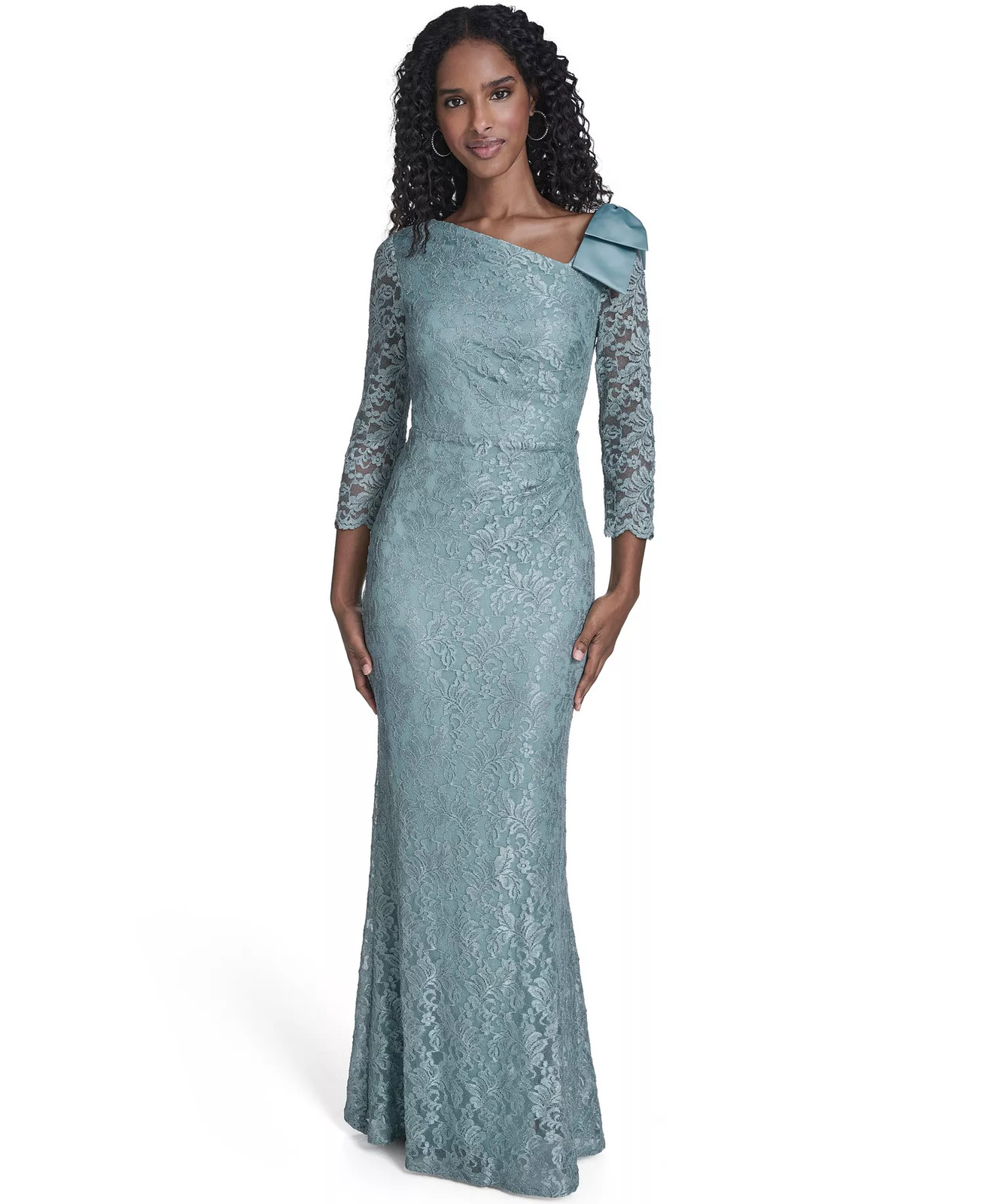 Jessica Howard Petite Gown 12P Sage Green Allover Lace Satin Bow Sheath NWT $169