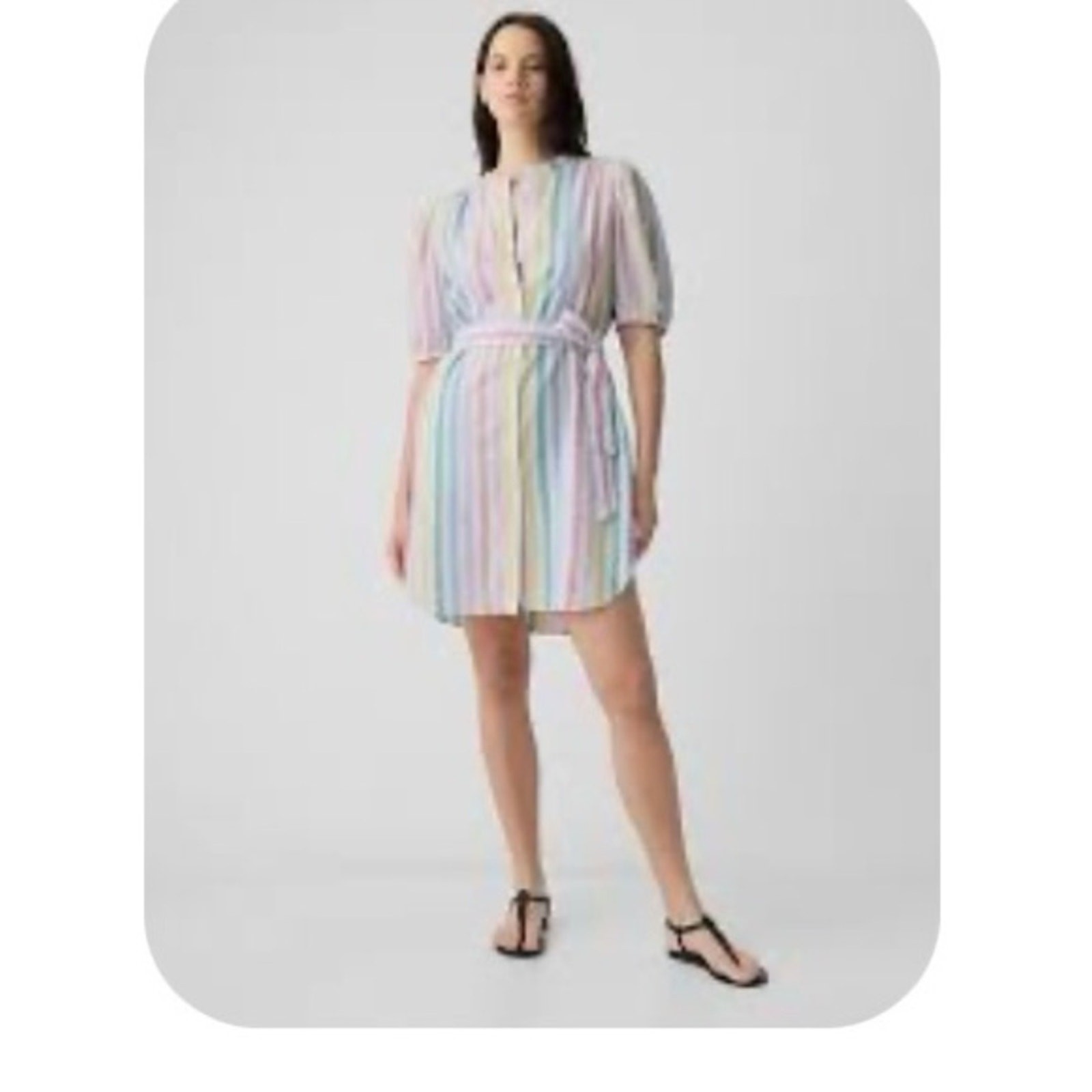 GAP Linen Cotton Blend Rainbow Stripe Shirt Dress Belted Size M