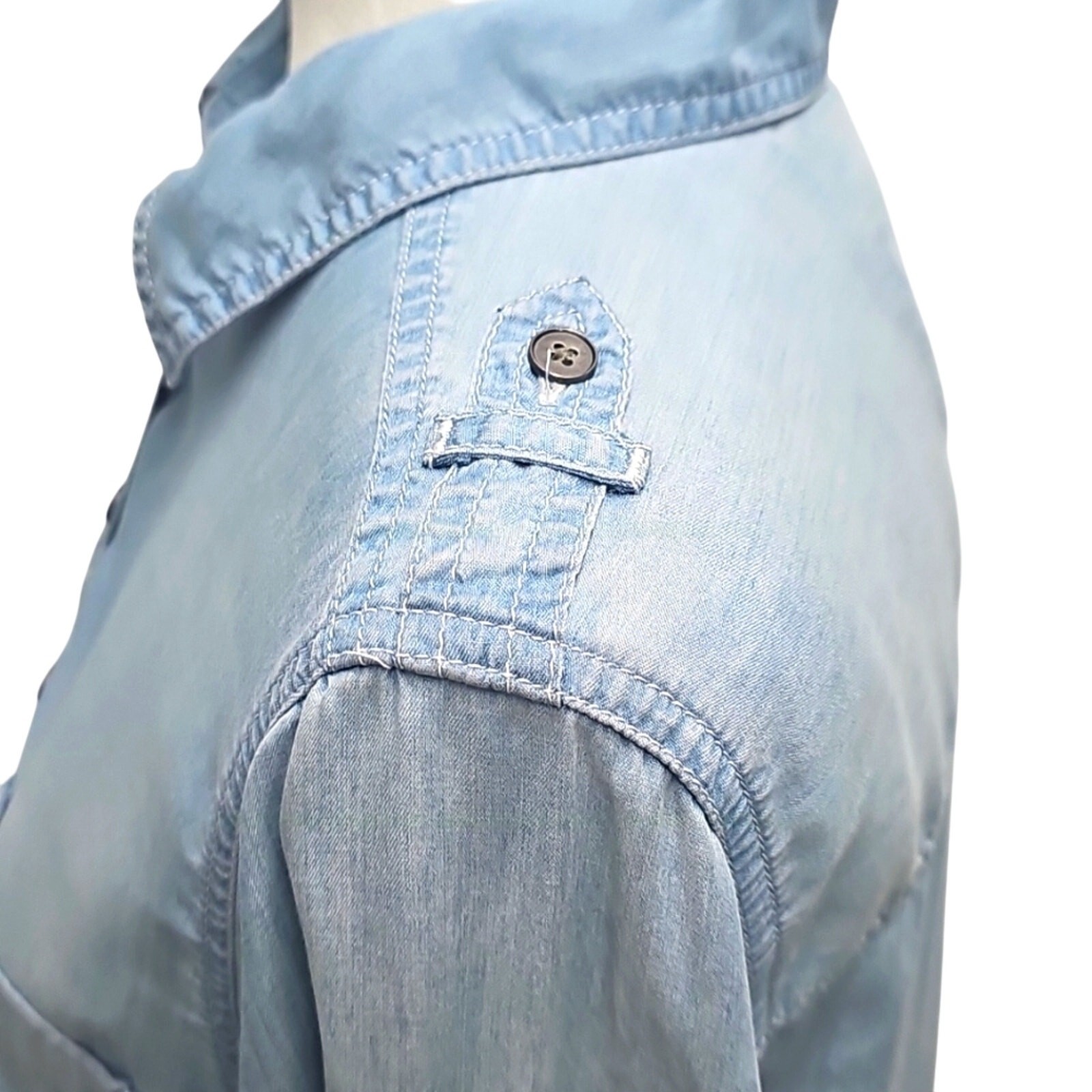 So Womens Long Sleeve 3/4 Button Lyocell Light Blue Denim Tunic Shirt Dress Sz M