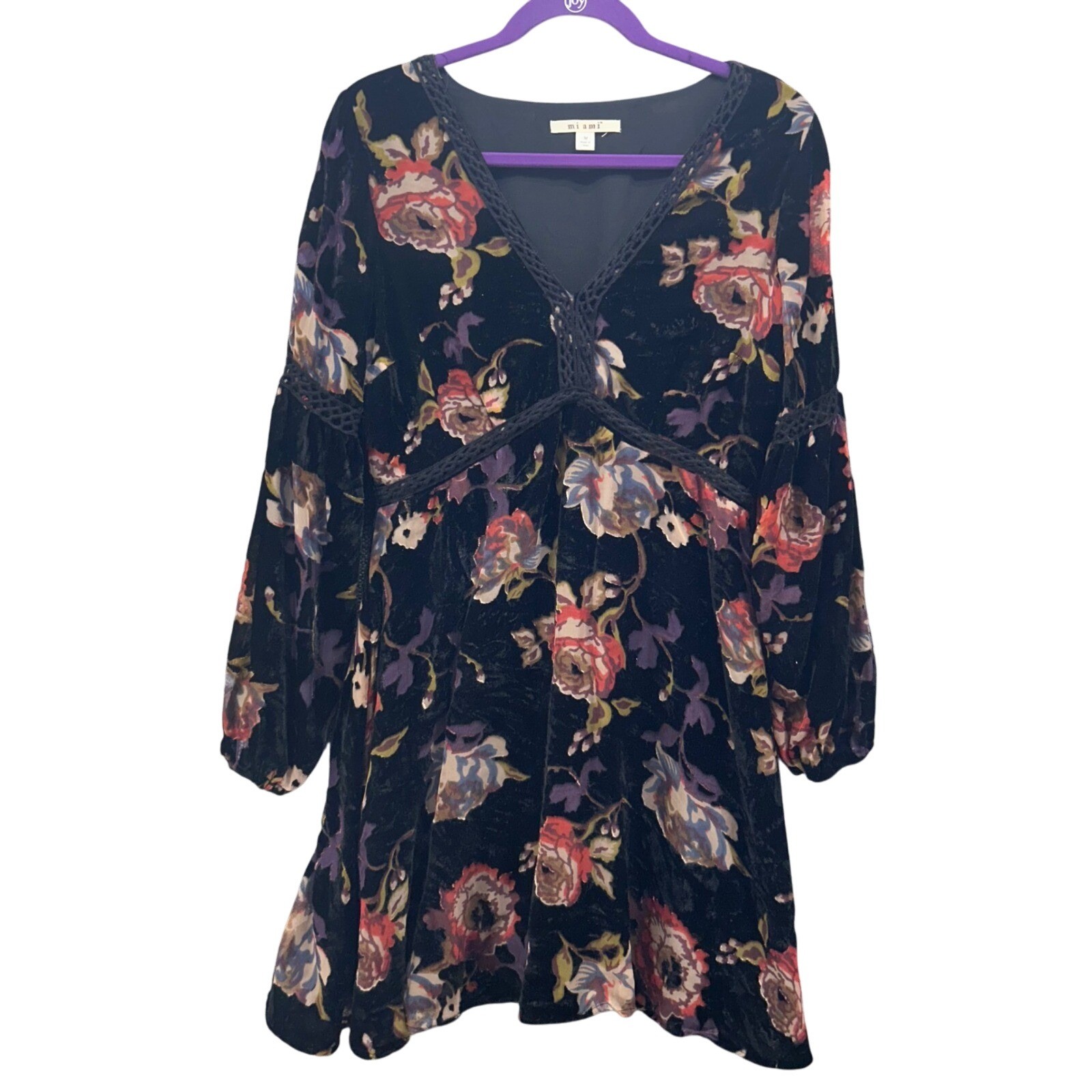 Whimsigoth Juniors Dress M Black Velvet Burnout Empire Floral Dark Romantic Boho