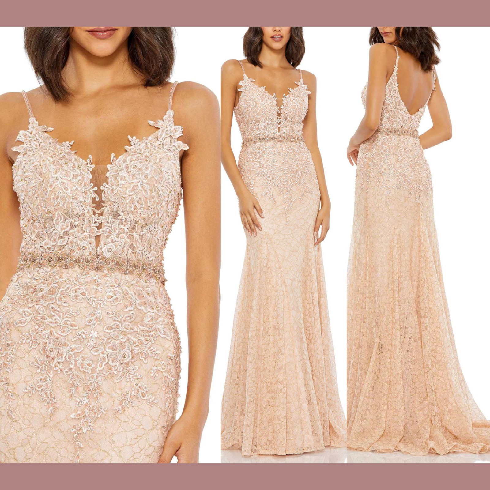 NWT Mac Duggal [ 0 ] 79341 Applique Plunge Neck Trumpet Gown in Blush Pink J1644