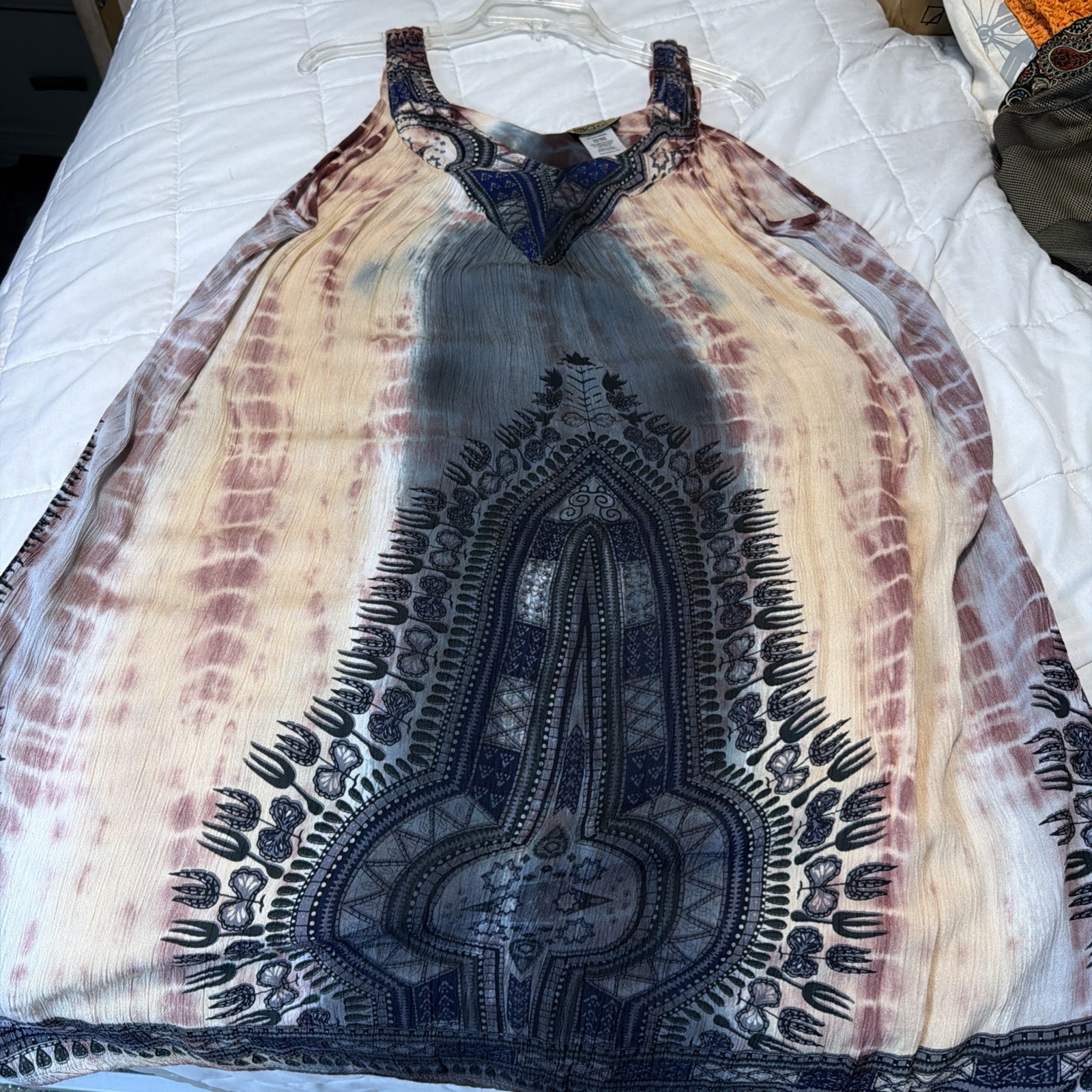 In Gear Resort One Sz Fits Most Embroidered Rainbow Peach Gray BlueTie Dye Dress