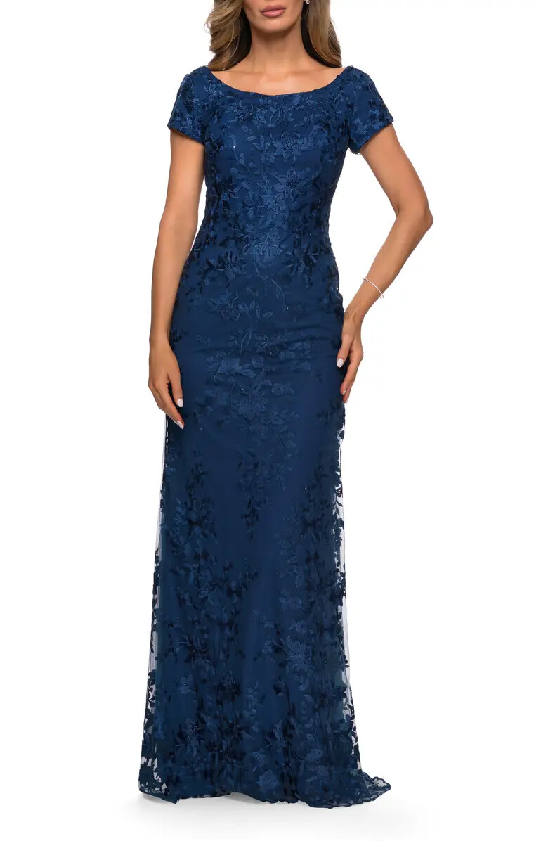 La Femme Navy Blue Shimmer Floral Embroidered A-Line Gown Size 10 $575