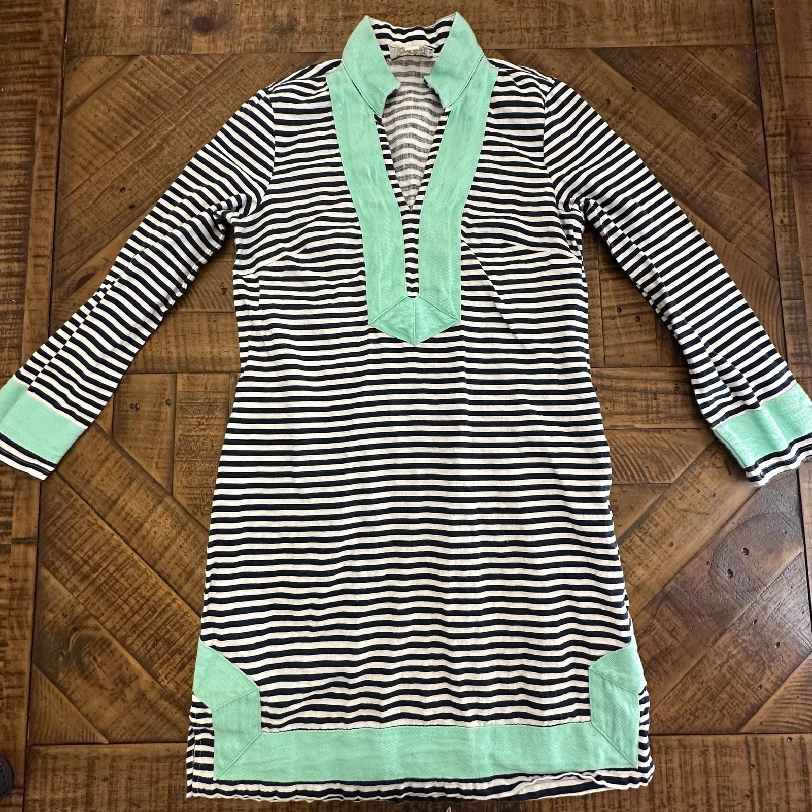 Sail to Sable STS Navy & White Striped Long Sleeve Linen Tunic Dress Size Small