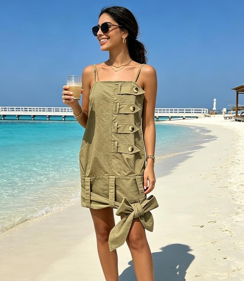 Womens Khaki Cotton Spaghetti Strap Dress Short Sexy Buckle Know Bow Skirt Dress