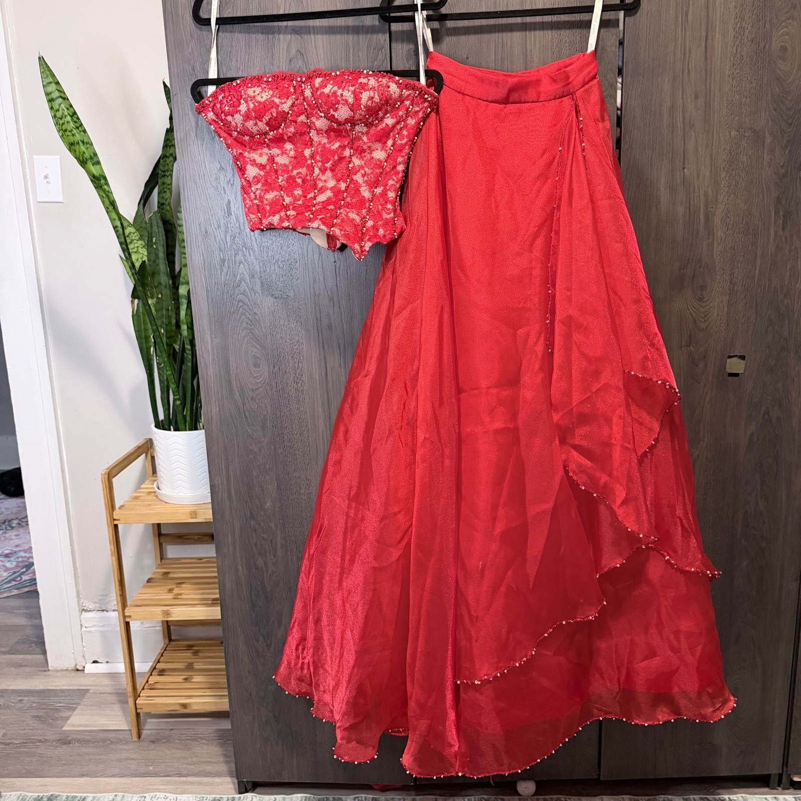 Alfred Angelo Red Lace Corset Top and Tiered Maxi Skirt Two Piece Set Womens 6