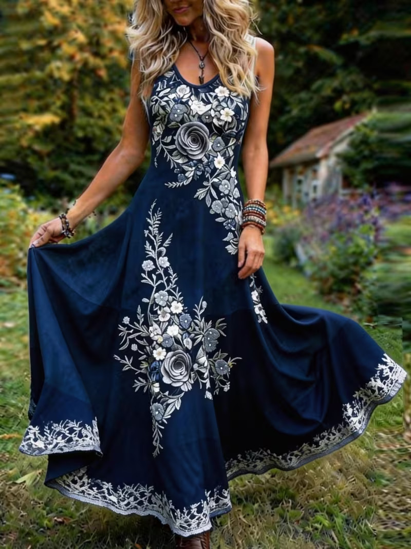 Boho Vintage Lavender Floral Print Plus Size Elegant Dress