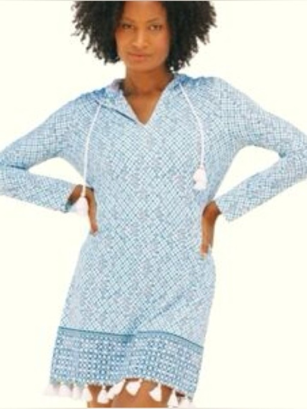 Cabana Life Sag Harbor Hooded Tassel Cover-Up Blue/White Size XL NWT