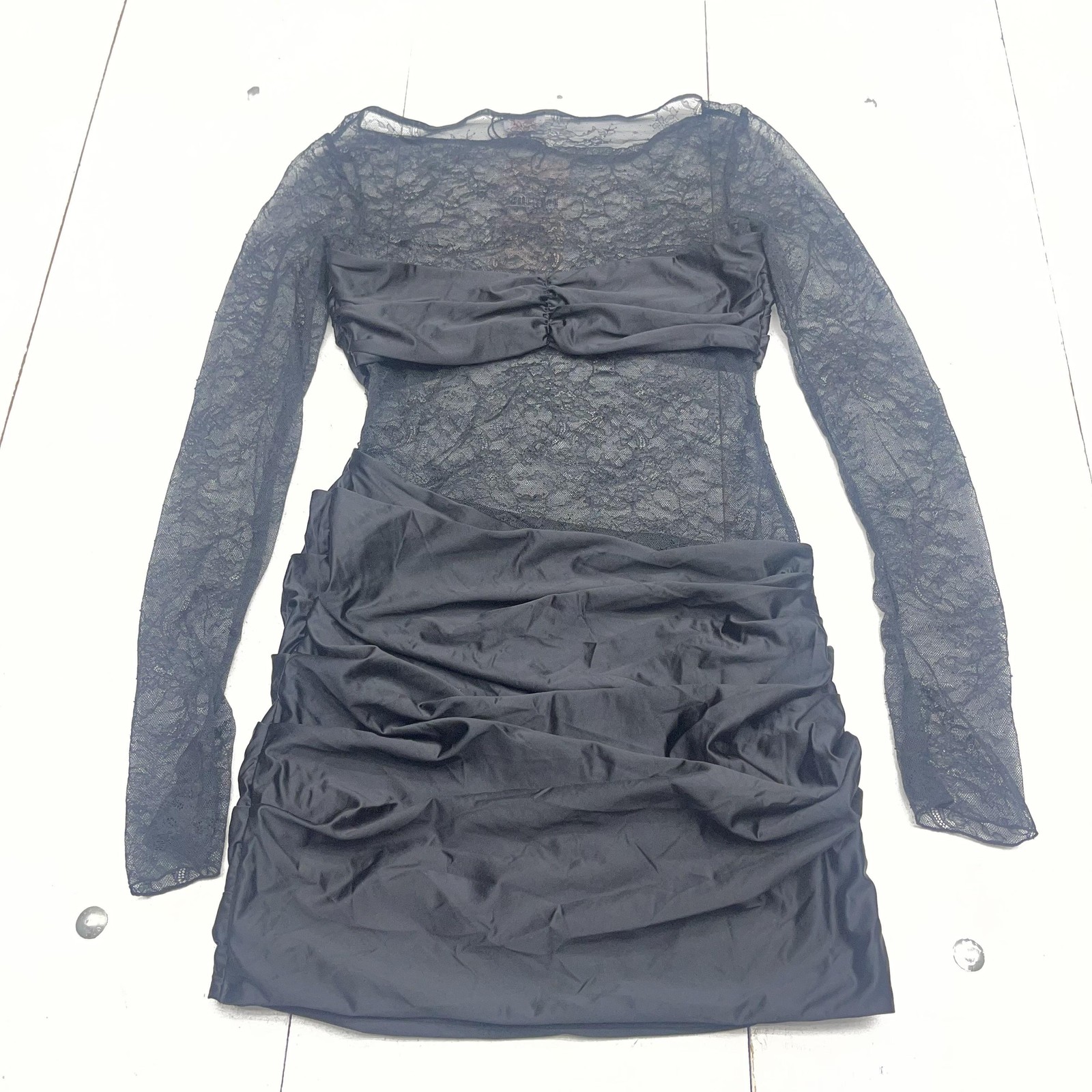 Oh Polly Dress Womens 8 Black Lace Sheer Long Sleeve Ruched Bodycon Mini Party