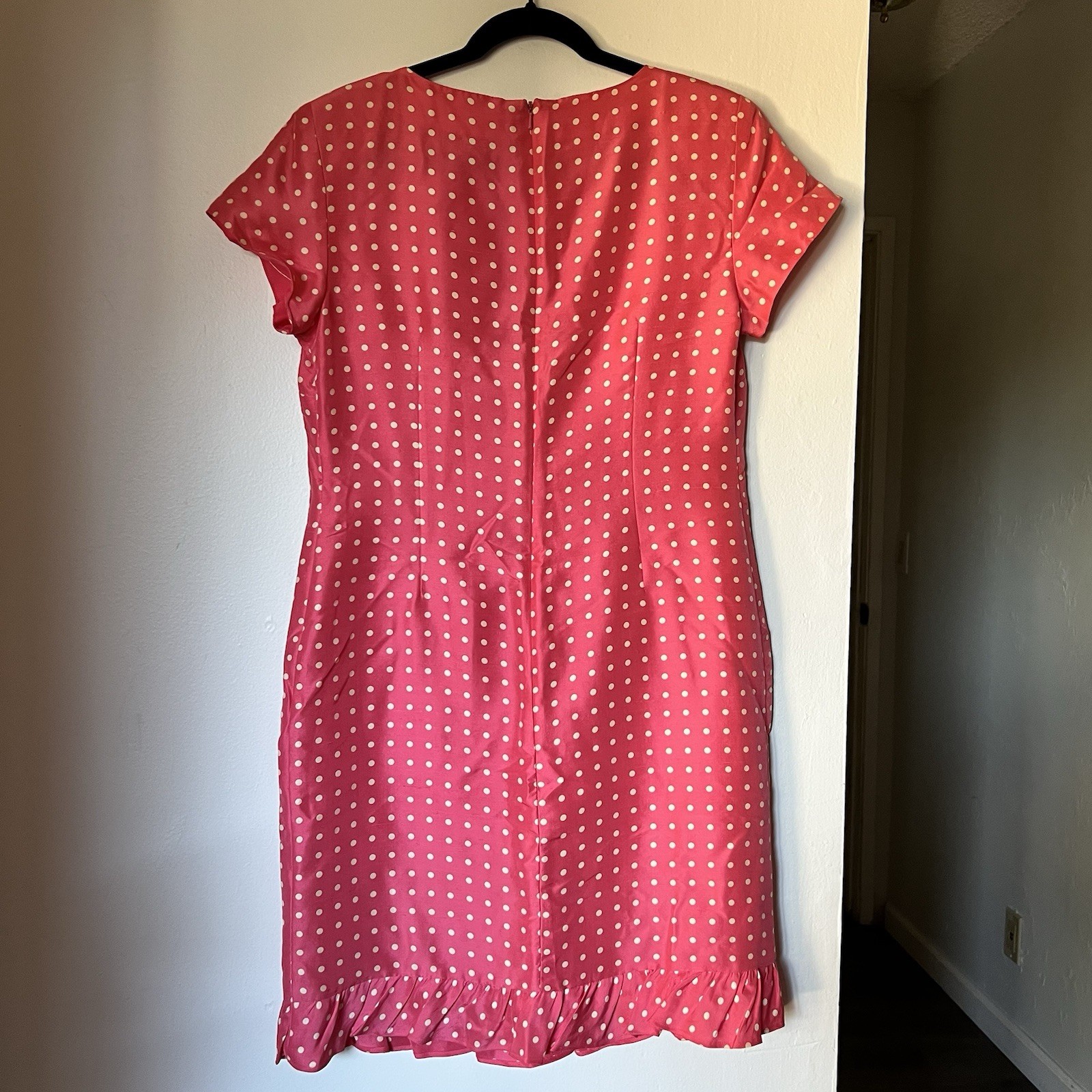 Pure & Simple 100% Silk Pink White Polka Dot Ruffle Hem Short Sleeve Dress Sz 8