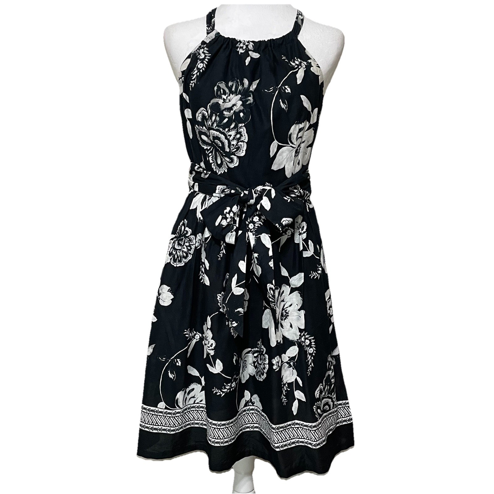 White House Black Market Dress Halter Tie Neck Sz 4 Black White Floral Classic