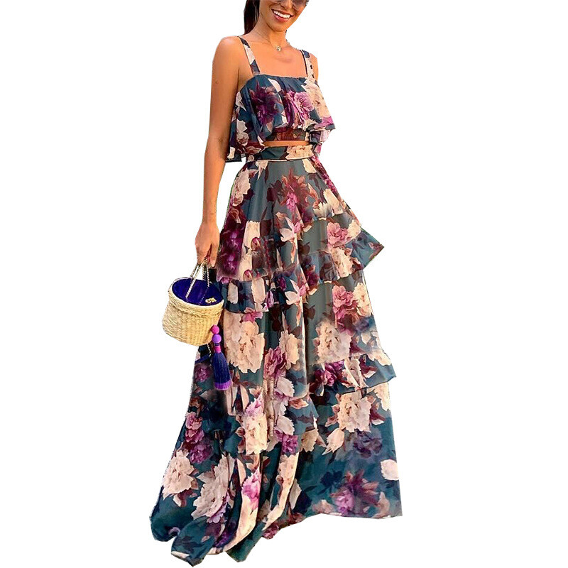 Women Summer Beach Floral Maxi Dress Crop Top Long Skirt Two Piece Set Party