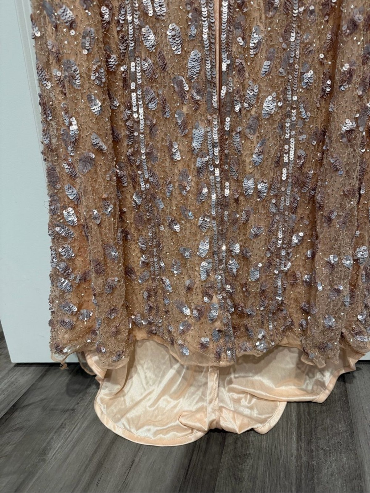 Mac Duggal Embellished Front Slit Long Sleeve Dress Rose Gold Gown Size 12