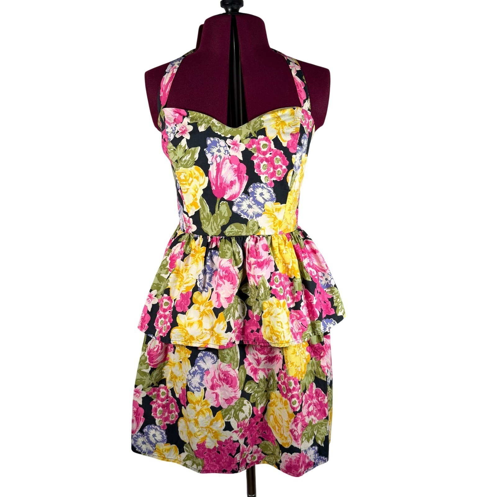 Moda International Floral Halter Dress Cotton Tiered Peplum Retro Y2K Vtg Size 6