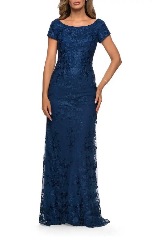 La Femme Navy Blue Shimmer Floral Embroidered A-Line Gown Size 8 $575