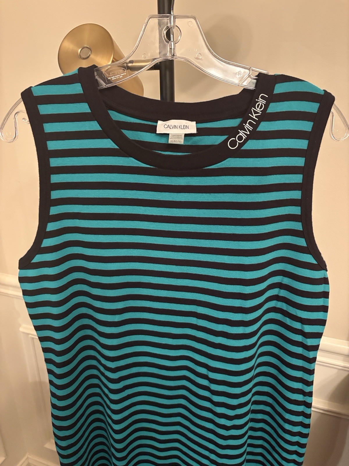 Calvin Klein Womens XL Black Teal Striped Sleeveless Knit Cotton Logo Dress