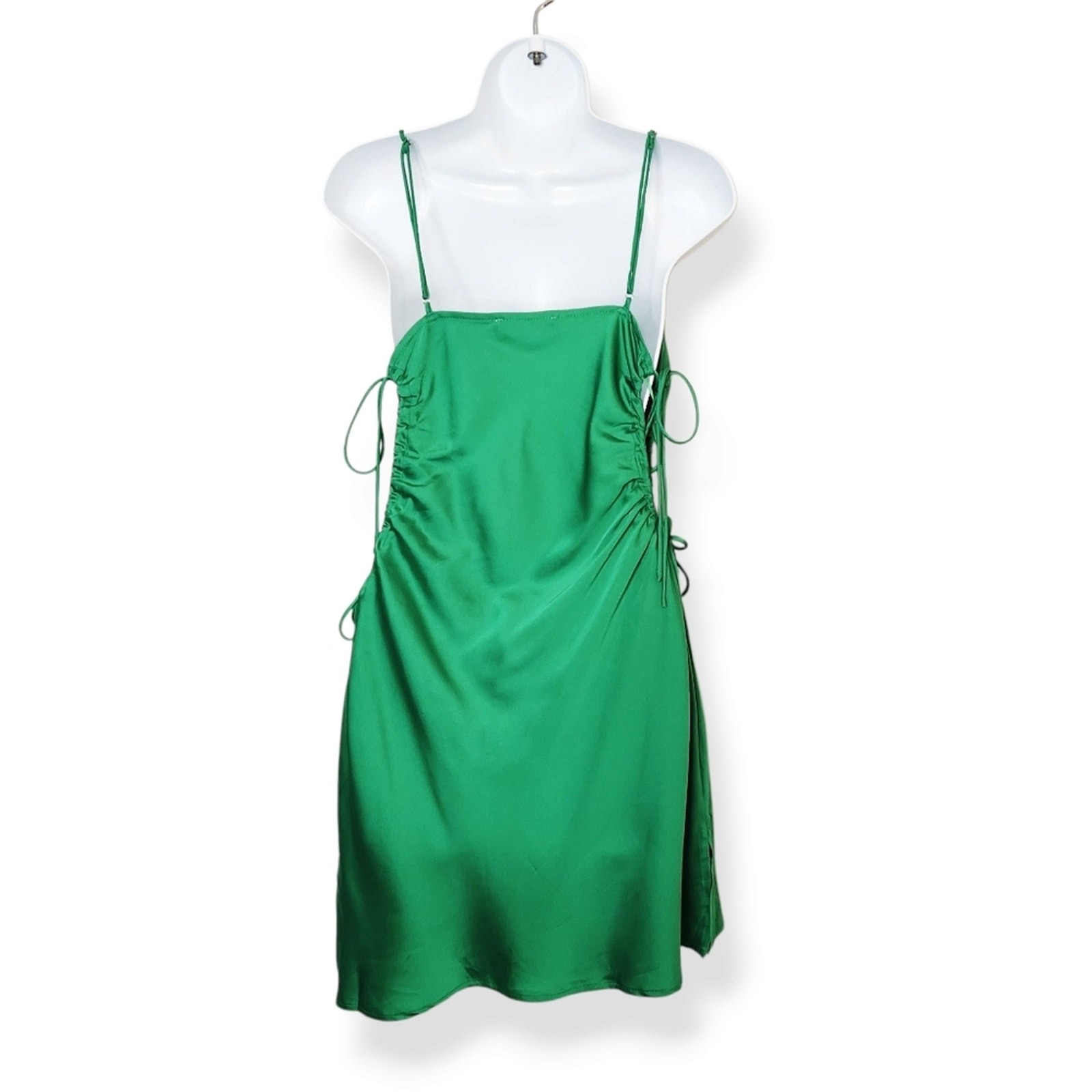 Beige Botany Green Satin Cocktail Party Bodycon Dress Side Cutout Size Medium